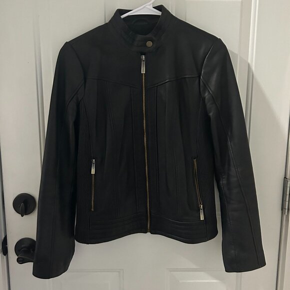 Women's Michael Kors Leather Cropped Biker Jacket - Size Small - Picture 1 of 8